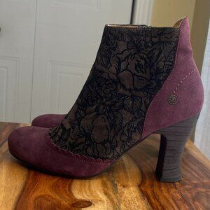 GOLD BUTTON Aubergine suede raised two tone floral pattern botties EU 38 EUC